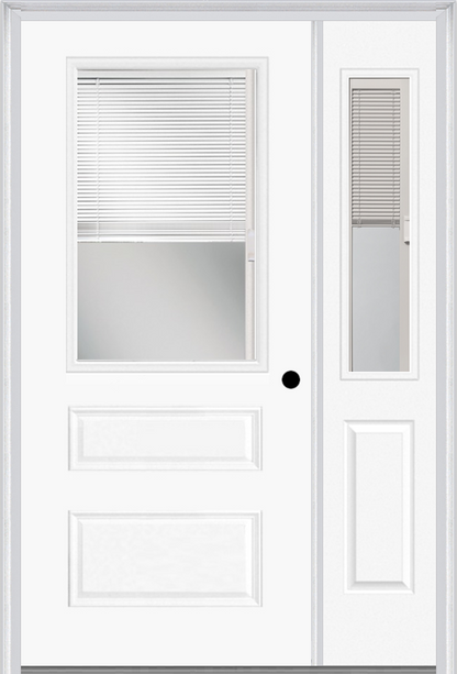 MMI 1/2 LITE HORIZONTAL 2 PANEL RAISE/LOWER BLINDS 3'0" X 6'8" FIBERGLASS SMOOTH CLEAR GLASS EXTERIOR PREHUNG DOOR WITH 1 HALF LITE RAISE/LOWER BLINDS CLEAR GLASS SIDELIGHT 631 RLB 692 RLB