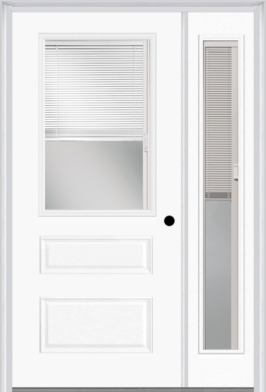 MMI 1/2 LITE HORIZONTAL 2 PANEL RAISE/LOWER BLINDS 3'0" X 6'8" FIBERGLASS SMOOTH CLEAR GLASS EXTERIOR PREHUNG DOOR WITH 1 FULL LITE RAISE/LOWER BLINDS CLEAR GLASS SIDELIGHT 631 RLB 690 RLB