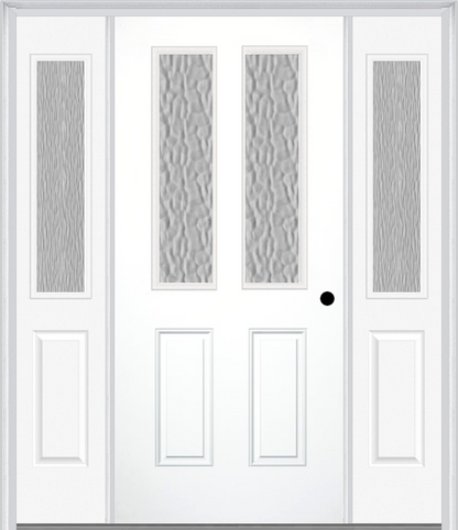 MMI 2-1/2 LITE 2 PANEL 3'0" X 6'8" TEXTURED/PRIVACY FIBERGLASS SMOOTH EXTERIOR PREHUNG DOOR WITH 2 HALF LITE TEXTURED/PRIVACY GLASS SIDELIGHTS 692