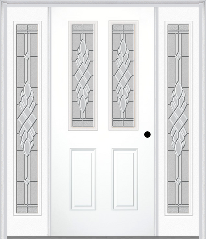 MMI 2-1/2 LITE 2 PANEL 6'8" FIBERGLASS SMOOTH GRACE NICKEL OR GRACE PATINA EXTERIOR PREHUNG DOOR WITH 2 FULL LITE GRACE NICKEL/PATINA DECORATIVE GLASS SIDELIGHTS 692