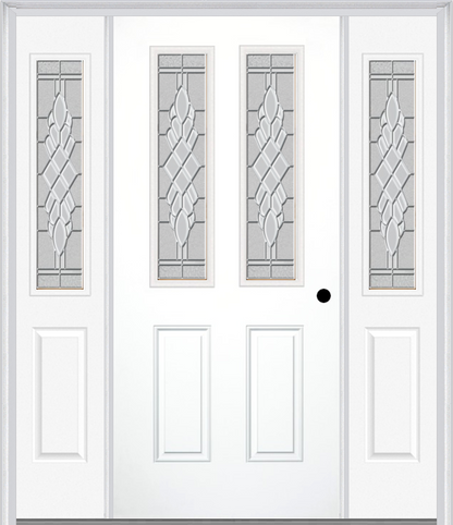 MMI 2-1/2 LITE 2 PANEL 6'8" FIBERGLASS SMOOTH GRACE NICKEL OR GRACE PATINA EXTERIOR PREHUNG DOOR WITH 2 HALF LITE GRACE NICKEL/PATINA DECORATIVE GLASS SIDELIGHTS 692