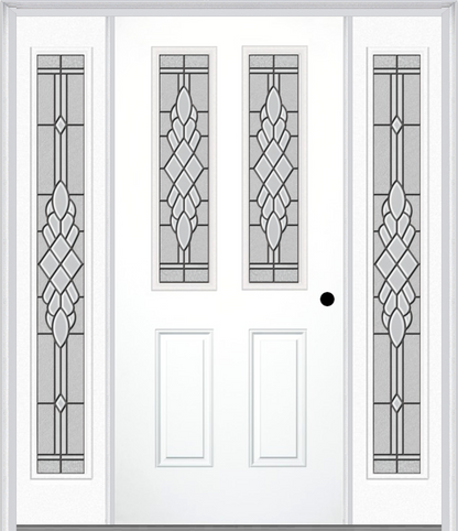 MMI 2-1/2 LITE 2 PANEL 6'8" FIBERGLASS SMOOTH GRACE NICKEL OR GRACE PATINA EXTERIOR PREHUNG DOOR WITH 2 FULL LITE GRACE NICKEL/PATINA DECORATIVE GLASS SIDELIGHTS 692