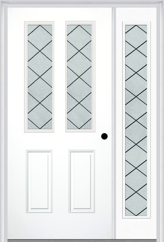 MMI 2-1/2 LITE 2 PANEL 6'8" FIBERGLASS SMOOTH HARRIS PATINA EXTERIOR PREHUNG DOOR WITH 1 FULL LITE HARRIS PATINA DECORATIVE GLASS SIDELIGHT 692