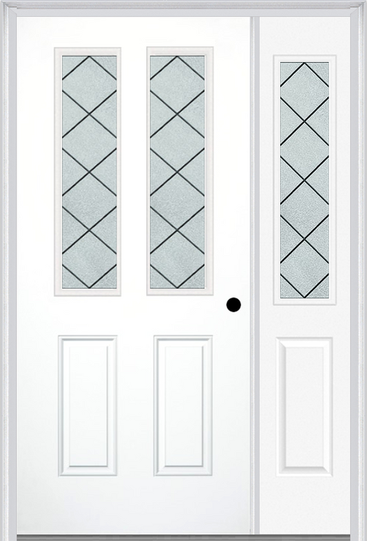 MMI 2-1/2 LITE 2 PANEL 6'8" FIBERGLASS SMOOTH HARRIS PATINA EXTERIOR PREHUNG DOOR WITH 1 HALF LITE HARRIS PATINA DECORATIVE GLASS SIDELIGHT 692