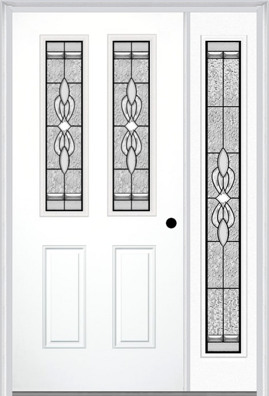 MMI 2-1/2 LITE 2 PANEL 6'8" FIBERGLASS SMOOTH JAMESTOWN PATINA EXTERIOR PREHUNG DOOR WITH 1 FULL LITE JAMESTOWN PATINA DECORATIVE GLASS SIDELIGHT 692