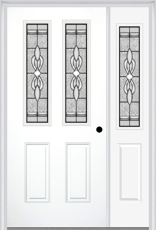 MMI 2-1/2 LITE 2 PANEL 6'8" FIBERGLASS SMOOTH JAMESTOWN PATINA EXTERIOR PREHUNG DOOR WITH 1 HALF LITE JAMESTOWN PATINA DECORATIVE GLASS SIDELIGHT 692