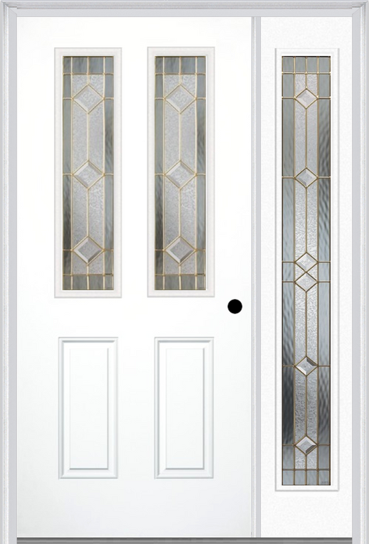 MMI 2-1/2 LITE 2 PANEL 6'8" FIBERGLASS SMOOTH MAJESTIC BRASS EXTERIOR PREHUNG DOOR WITH 1 FULL LITE MAJESTIC BRASS DECORATIVE GLASS SIDELIGHT 692