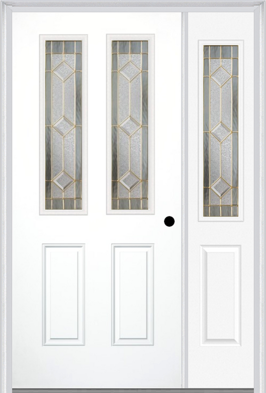 MMI 2-1/2 LITE 2 PANEL 6'8" FIBERGLASS SMOOTH MAJESTIC BRASS EXTERIOR PREHUNG DOOR WITH 1 HALF LITE MAJESTIC BRASS DECORATIVE GLASS SIDELIGHT 692