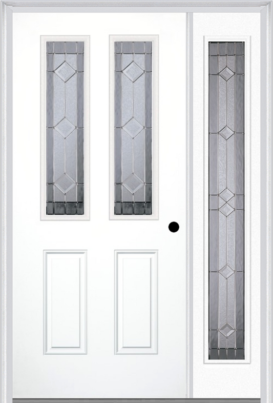 MMI 2-1/2 LITE 2 PANEL 6'8" FIBERGLASS SMOOTH MAJESTIC NICKEL EXTERIOR PREHUNG DOOR WITH 1 FULL LITE MAJESTIC NICKEL DECORATIVE GLASS SIDELIGHT 692