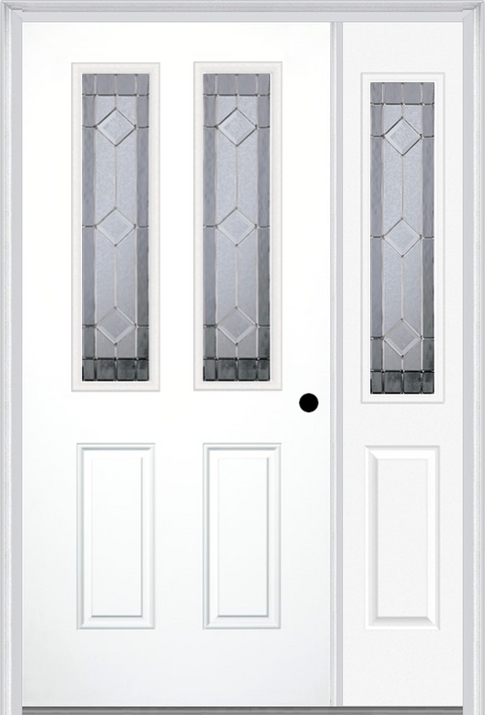 MMI 2-1/2 LITE 2 PANEL 6'8" FIBERGLASS SMOOTH MAJESTIC NICKEL EXTERIOR PREHUNG DOOR WITH 1 HALF LITE MAJESTIC NICKEL DECORATIVE GLASS SIDELIGHT 692