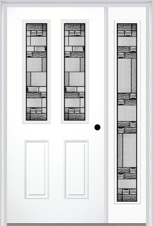 MMI 2-1/2 LITE 2 PANEL 6'8" FIBERGLASS SMOOTH METRO PATINA EXTERIOR PREHUNG DOOR WITH 1 FULL LITE METRO PATINA DECORATIVE GLASS SIDELIGHT 692