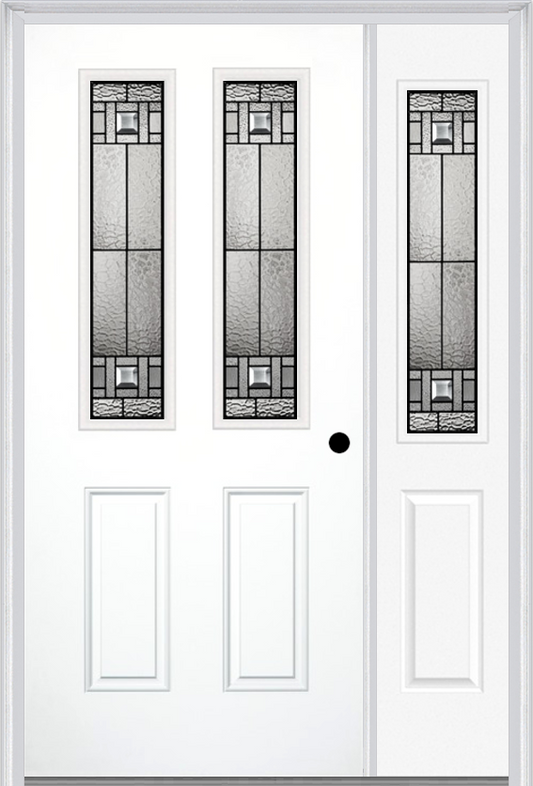 MMI 2-1/2 LITE 2 PANEL 6'8" FIBERGLASS SMOOTH NOBLE PATINA EXTERIOR PREHUNG DOOR WITH 1 HALF LITE NOBLE PATINA DECORATIVE GLASS SIDELIGHT 692