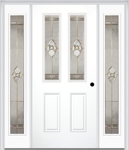 MMI 2-1/2 LITE 2 PANEL 6'8" FIBERGLASS SMOOTH NOUVEAU BRASS, NOUVEAU NICKEL, OR NOUVEAU PATINA EXTERIOR PREHUNG DOOR WITH 2 FULL LITE NOUVEAU BRASS/NICKEL/PATINA DECORATIVE GLASS SIDELIGHTS 692