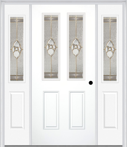 MMI 2-1/2 LITE 2 PANEL 6'8" FIBERGLASS SMOOTH NOUVEAU BRASS, NOUVEAU NICKEL, OR NOUVEAU PATINA EXTERIOR PREHUNG DOOR WITH 2 HALF LITE NOUVEAU BRASS/NICKEL/PATINA DECORATIVE GLASS SIDELIGHTS 692