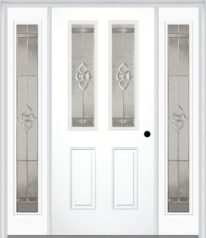 MMI 2-1/2 LITE 2 PANEL 6'8" FIBERGLASS SMOOTH NOUVEAU BRASS, NOUVEAU NICKEL, OR NOUVEAU PATINA EXTERIOR PREHUNG DOOR WITH 2 FULL LITE NOUVEAU BRASS/NICKEL/PATINA DECORATIVE GLASS SIDELIGHTS 692