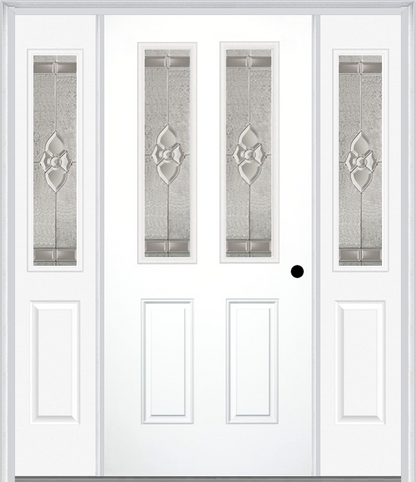 MMI 2-1/2 LITE 2 PANEL 6'8" FIBERGLASS SMOOTH NOUVEAU BRASS, NOUVEAU NICKEL, OR NOUVEAU PATINA EXTERIOR PREHUNG DOOR WITH 2 HALF LITE NOUVEAU BRASS/NICKEL/PATINA DECORATIVE GLASS SIDELIGHTS 692