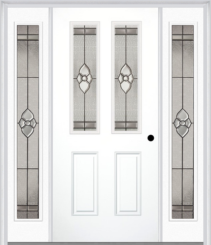 MMI 2-1/2 LITE 2 PANEL 6'8" FIBERGLASS SMOOTH NOUVEAU BRASS, NOUVEAU NICKEL, OR NOUVEAU PATINA EXTERIOR PREHUNG DOOR WITH 2 FULL LITE NOUVEAU BRASS/NICKEL/PATINA DECORATIVE GLASS SIDELIGHTS 692