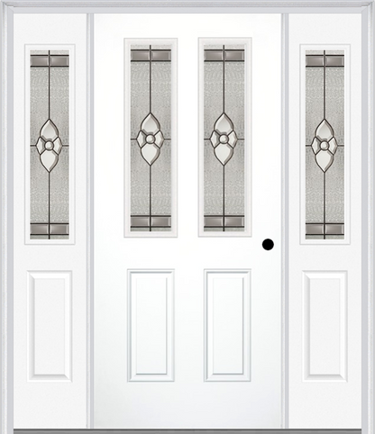 MMI 2-1/2 LITE 2 PANEL 6'8" FIBERGLASS SMOOTH NOUVEAU BRASS, NOUVEAU NICKEL, OR NOUVEAU PATINA EXTERIOR PREHUNG DOOR WITH 2 HALF LITE NOUVEAU BRASS/NICKEL/PATINA DECORATIVE GLASS SIDELIGHTS 692