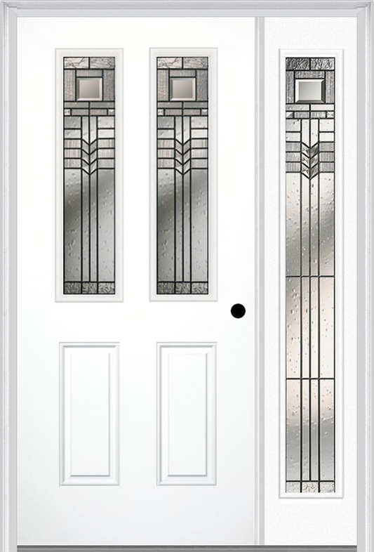 MMI 2-1/2 LITE 2 PANEL 6'8" FIBERGLASS SMOOTH OAK PARK PATINA EXTERIOR PREHUNG DOOR WITH 1 FULL LITE OAK PARK PATINA DECORATIVE GLASS SIDELIGHT 692