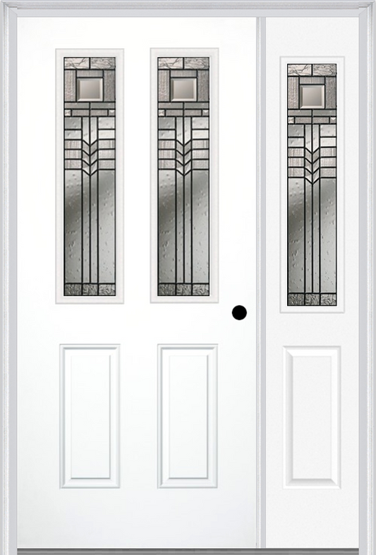 MMI 2-1/2 LITE 2 PANEL 6'8" FIBERGLASS SMOOTH OAK PARK PATINA EXTERIOR PREHUNG DOOR WITH 1 HALF LITE OAK PARK PATINA DECORATIVE GLASS SIDELIGHT 692