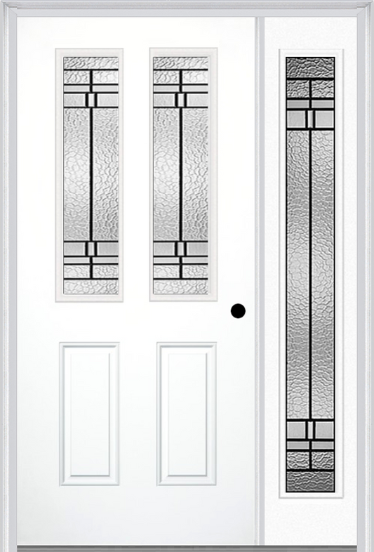 MMI 2-1/2 LITE 2 PANEL 6'8" FIBERGLASS SMOOTH PEMBROOK PATINA EXTERIOR PREHUNG DOOR WITH 1 FULL LITE PEMBROOK PATINA DECORATIVE GLASS SIDELIGHT 692