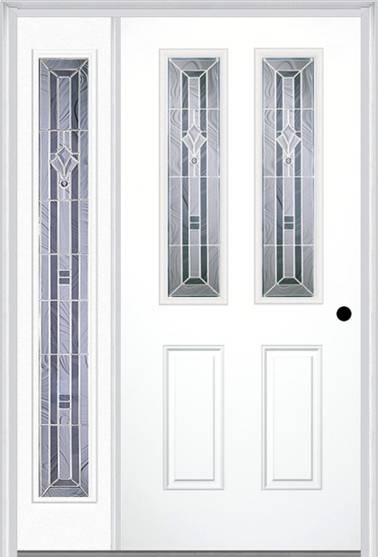 MMI 2-1/2 LITE 2 PANEL 6'8" FIBERGLASS SMOOTH RADIANT HUES NICKEL EXTERIOR PREHUNG DOOR WITH 1 FULL LITE RADIANT HUES NICKEL DECORATIVE GLASS SIDELIGHT 692