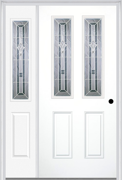 MMI 2-1/2 LITE 2 PANEL 6'8" FIBERGLASS SMOOTH RADIANT HUES NICKEL EXTERIOR PREHUNG DOOR WITH 1 HALF LITE RADIANT HUES NICKEL DECORATIVE GLASS SIDELIGHT 692