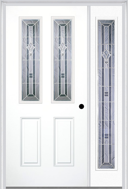 MMI 2-1/2 LITE 2 PANEL 6'8" FIBERGLASS SMOOTH RADIANT HUES NICKEL EXTERIOR PREHUNG DOOR WITH 1 FULL LITE RADIANT HUES NICKEL DECORATIVE GLASS SIDELIGHT 692