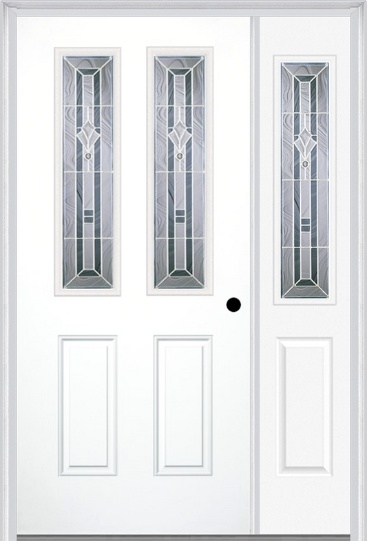 MMI 2-1/2 LITE 2 PANEL 6'8" FIBERGLASS SMOOTH RADIANT HUES NICKEL EXTERIOR PREHUNG DOOR WITH 1 HALF LITE RADIANT HUES NICKEL DECORATIVE GLASS SIDELIGHT 692