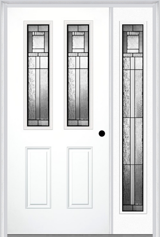 MMI 2-1/2 LITE 2 PANEL 6'8" FIBERGLASS SMOOTH ROYAL PATINA EXTERIOR PREHUNG DOOR WITH 1 FULL LITE ROYAL PATINA DECORATIVE GLASS SIDELIGHT 692