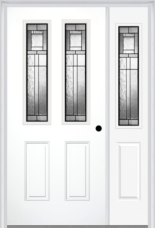 MMI 2-1/2 LITE 2 PANEL 6'8" FIBERGLASS SMOOTH ROYAL PATINA EXTERIOR PREHUNG DOOR WITH 1 HALF LITE ROYAL PATINA DECORATIVE GLASS SIDELIGHT 692