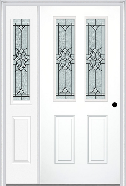 MMI 2-1/2 LITE 2 PANEL 6'8" FIBERGLASS SMOOTH SELWYN PATINA EXTERIOR PREHUNG DOOR WITH 1 HALF LITE SELWYN PATINA DECORATIVE GLASS SIDELIGHT 692