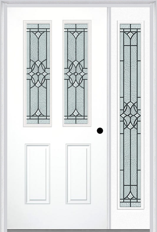 MMI 2-1/2 LITE 2 PANEL 6'8" FIBERGLASS SMOOTH SELWYN PATINA EXTERIOR PREHUNG DOOR WITH 1 FULL LITE SELWYN PATINA DECORATIVE GLASS SIDELIGHT 692