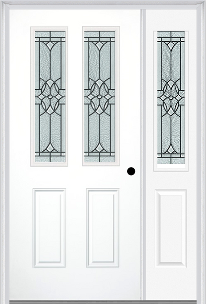 MMI 2-1/2 LITE 2 PANEL 6'8" FIBERGLASS SMOOTH SELWYN PATINA EXTERIOR PREHUNG DOOR WITH 1 HALF LITE SELWYN PATINA DECORATIVE GLASS SIDELIGHT 692