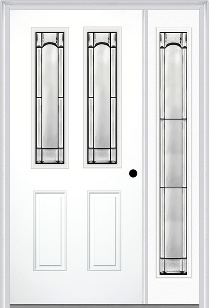 MMI 2-1/2 LITE 2 PANEL 6'8" FIBERGLASS SMOOTH SOLEIL PATINA EXTERIOR PREHUNG DOOR WITH 1 FULL LITE SOLEIL PATINA DECORATIVE GLASS SIDELIGHT 692