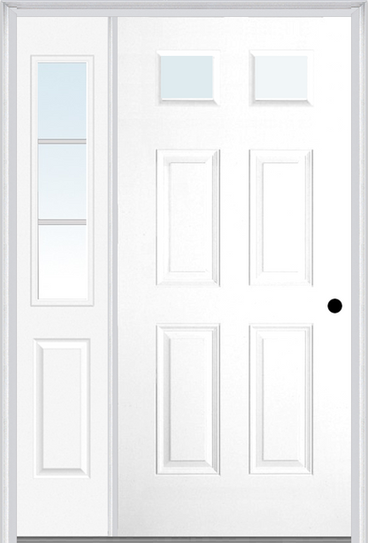 MMI 2-1/4 LITE 4 PANEL 3'0" X 6'8" FIBERGLASS SMOOTH EXTERIOR PREHUNG DOOR WITH 1 HALF LITE SDL GRILLES GLASS SIDELIGHT 23