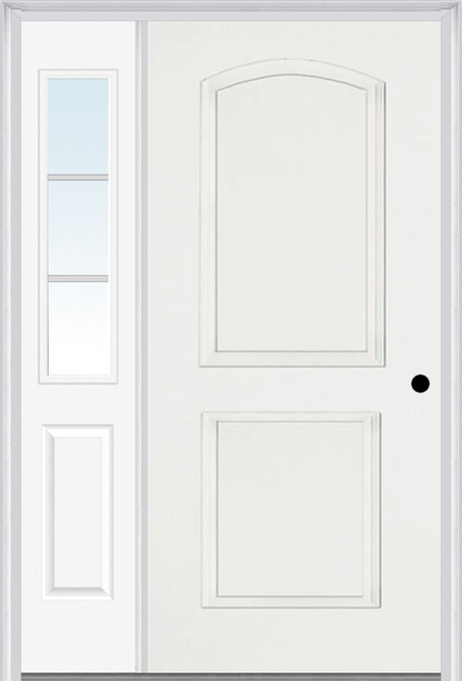 MMI 2 PANEL ARCH 3'0" X 6'8" FIBERGLASS SMOOTH EXTERIOR PREHUNG DOOR WITH 1 HALF LITE SDL GRILLES GLASS SIDELIGHT 22