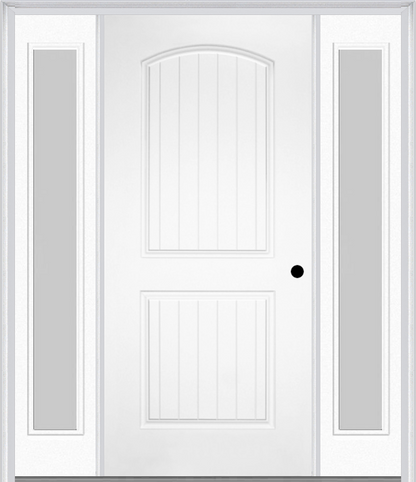 MMI 2 PANEL ARCH PLANKED 3'0" X 6'8" FIBERGLASS SMOOTH EXTERIOR PREHUNG DOOR WITH 2 FULL LITE CLEAR OR PRIVACY/TEXTURED GLASS SIDELIGHTS 200