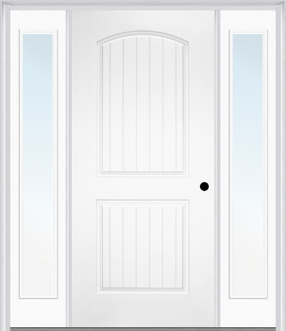 MMI 2 PANEL ARCH PLANKED 3'0" X 6'8" FIBERGLASS SMOOTH EXTERIOR PREHUNG DOOR WITH 2 FULL LITE CLEAR OR PRIVACY/TEXTURED GLASS SIDELIGHTS 200