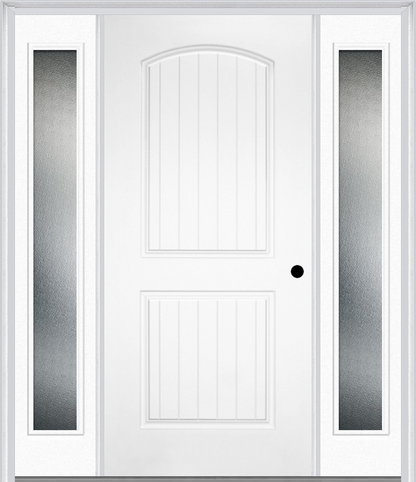 MMI 2 PANEL ARCH PLANKED 3'0" X 6'8" FIBERGLASS SMOOTH EXTERIOR PREHUNG DOOR WITH 2 FULL LITE CLEAR OR PRIVACY/TEXTURED GLASS SIDELIGHTS 200