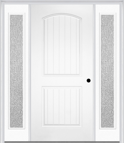 MMI 2 PANEL ARCH PLANKED 3'0" X 6'8" FIBERGLASS SMOOTH EXTERIOR PREHUNG DOOR WITH 2 FULL LITE CLEAR OR PRIVACY/TEXTURED GLASS SIDELIGHTS 200