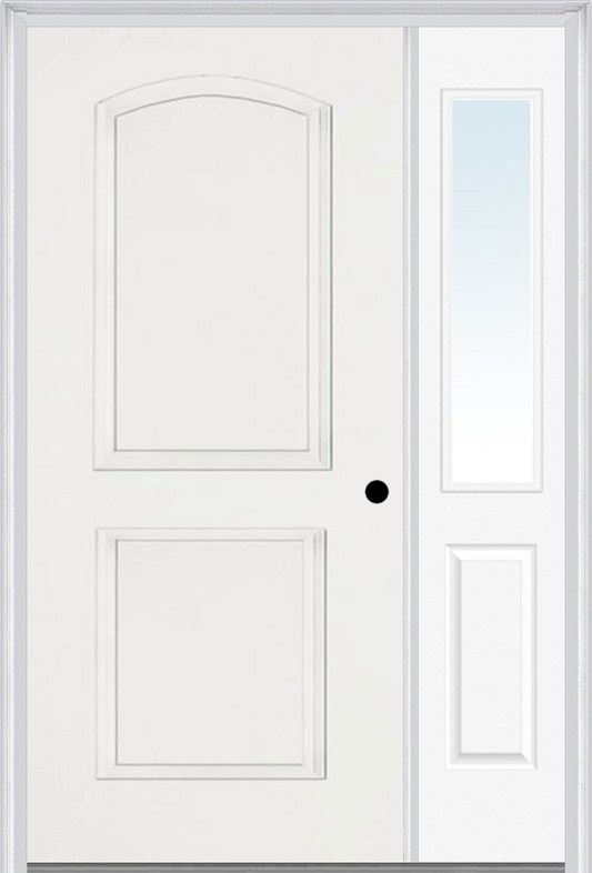 MMI 2 PANEL ARCH 3'0" X 6'8" FIBERGLASS SMOOTH EXTERIOR PREHUNG DOOR WITH 1 HALF LITE CLEAR OR PRIVACY/TEXTURED GLASS SIDELIGHT 22