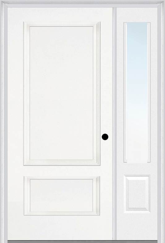 MMI 2 PANEL 3'0" X 6'8" FIBERGLASS SMOOTH EXTERIOR PREHUNG DOOR WITH 1 CLEAR GLASS 3/4 LITE SIDELIGHT 110