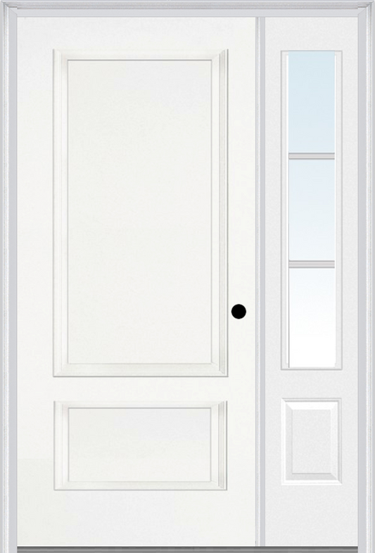 MMI 2 PANEL 3'0" X 6'8" FIBERGLASS SMOOTH EXTERIOR PREHUNG DOOR WITH 1 LOW-E GLASS 3/4 LITE SDL GRILLES SIDELIGHT 110