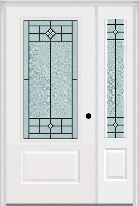 MMI 3/4 LITE 1 PANEL 6'8" FIBERGLASS SMOOTH BEAUFORT PATINA EXTERIOR PREHUNG DOOR WITH 1 BEAUFORT PATINA 3/4 LITE DECORATIVE GLASS SIDELIGHT 608