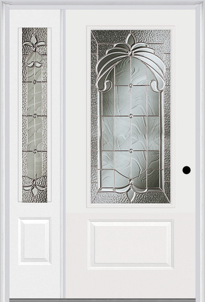 MMI 3/4 LITE 1 PANEL 6'8" FIBERGLASS SMOOTH EXPRESSIONS SATIN NICKEL EXTERIOR PREHUNG DOOR WITH 1 EXPRESSIONS SATIN NICKEL 3/4 LITE DECORATIVE GLASS SIDELIGHT 608