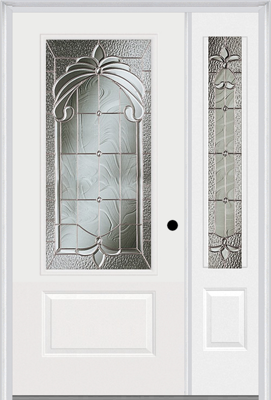 MMI 3/4 LITE 1 PANEL 6'8" FIBERGLASS SMOOTH EXPRESSIONS SATIN NICKEL EXTERIOR PREHUNG DOOR WITH 1 EXPRESSIONS SATIN NICKEL 3/4 LITE DECORATIVE GLASS SIDELIGHT 608