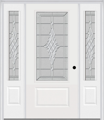 MMI 3/4 LITE 1 PANEL 6'8" FIBERGLASS SMOOTH GRACE NICKEL OR GRACE PATINA EXTERIOR PREHUNG DOOR WITH 2 GRACE NICKEL/PATINA 3/4 LITE DECORATIVE GLASS SIDELIGHTS 608