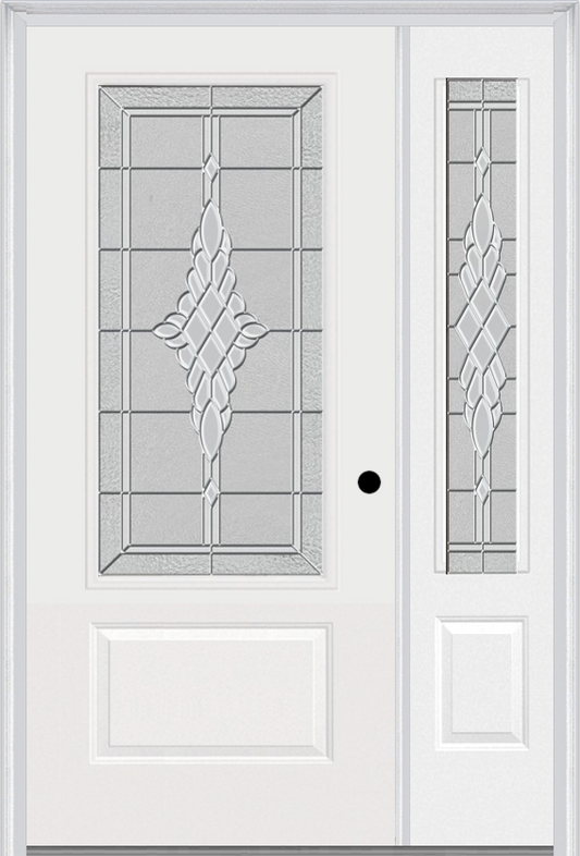 MMI 3/4 LITE 1 PANEL 3'0" X 6'8" FIBERGLASS SMOOTH GRACE NICKEL OR GRACE PATINA EXTERIOR PREHUNG DOOR WITH 1 GRACE NICKEL/PATINA 3/4 LITE DECORATIVE GLASS SIDELIGHT 608