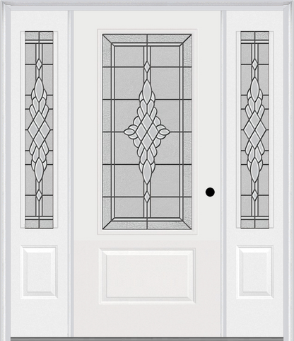 MMI 3/4 LITE 1 PANEL 6'8" FIBERGLASS SMOOTH GRACE NICKEL OR GRACE PATINA EXTERIOR PREHUNG DOOR WITH 2 GRACE NICKEL/PATINA 3/4 LITE DECORATIVE GLASS SIDELIGHTS 608